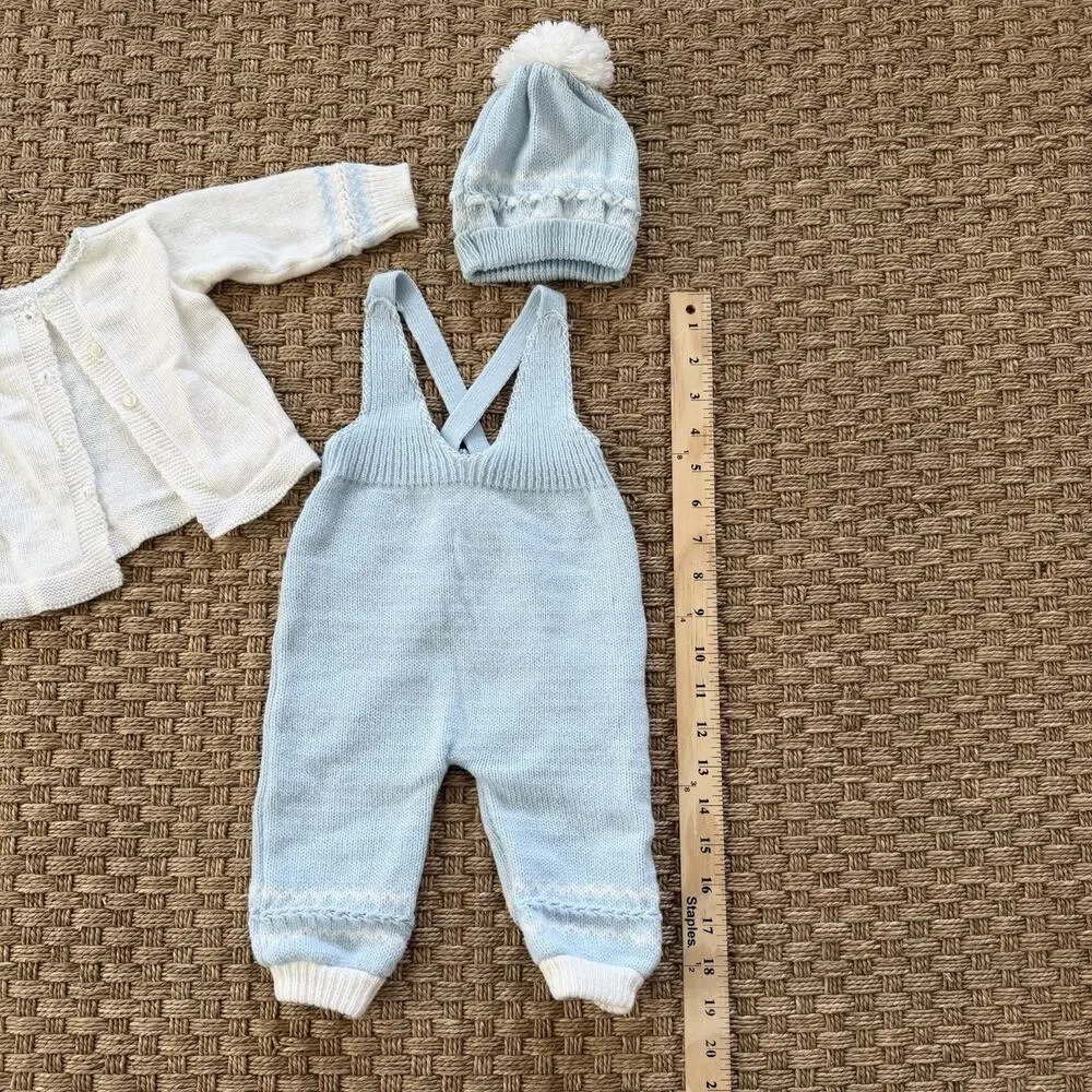 Vintage Heirloom Baby Boy’s Crylor Overalls, Cardigan & Knit Hat Baby Blue Set